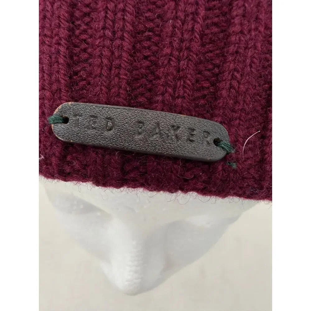 Ted Baker London Navy Burgundy Wool Pom Pom Beanie Hat 100% Wool